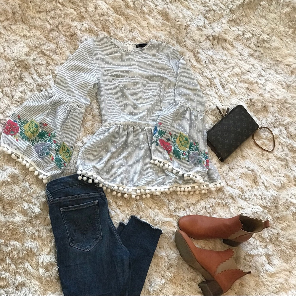 🧡SOLD🧡 Trumpet Sleeved Pom Pom Blouse Blue - Picture 1 of 8